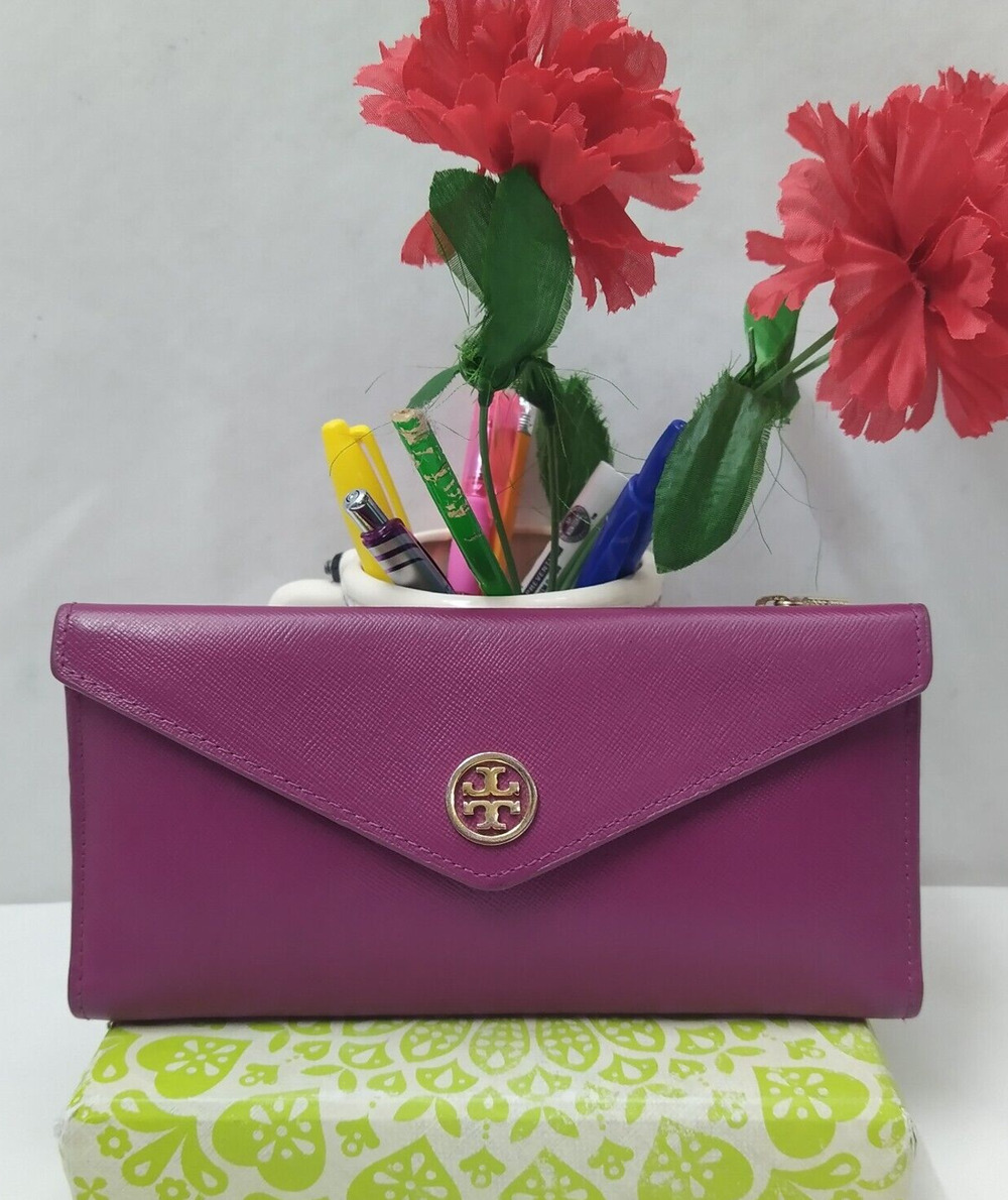 Tory Burch Purple Leather Zipper Pocket Credit Card Bifold Wallet